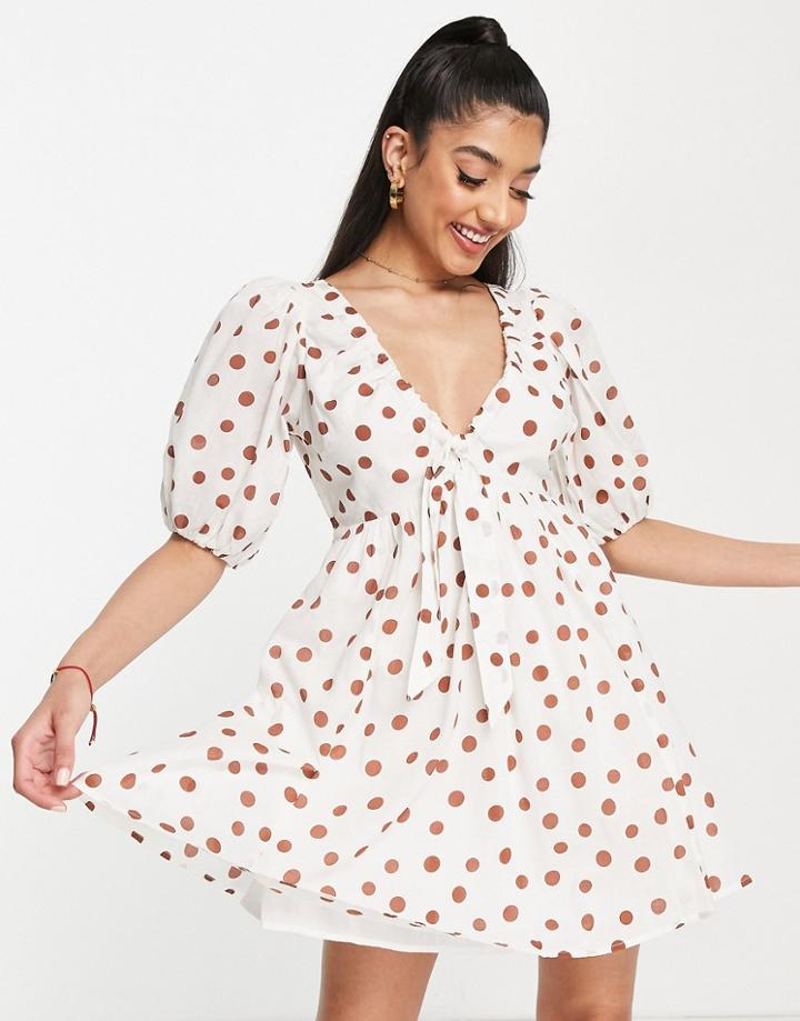 Abercrombie & Fitch V Neck Puff Sleeve Mini Dress In White Dot-multi
