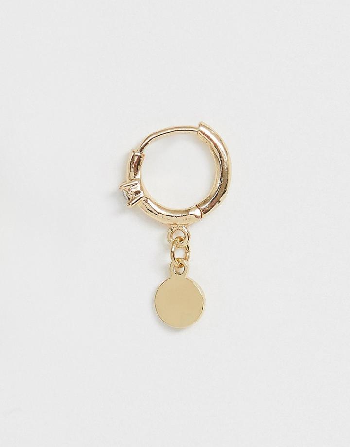 Asos Design Single Hoop Earring With Crystal Detail And Disc Charm In Gold Tone