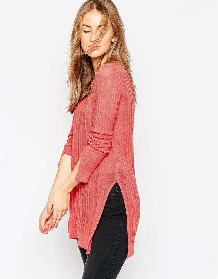 Asos Tunic Sweater In Sheer Rib Knit - Coral
