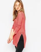 Asos Tunic Sweater In Sheer Rib Knit - Coral