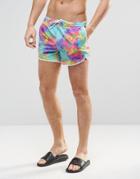 Asos Runner Swim Shorts With Neon Tie Dye Print In Short Length - Multi