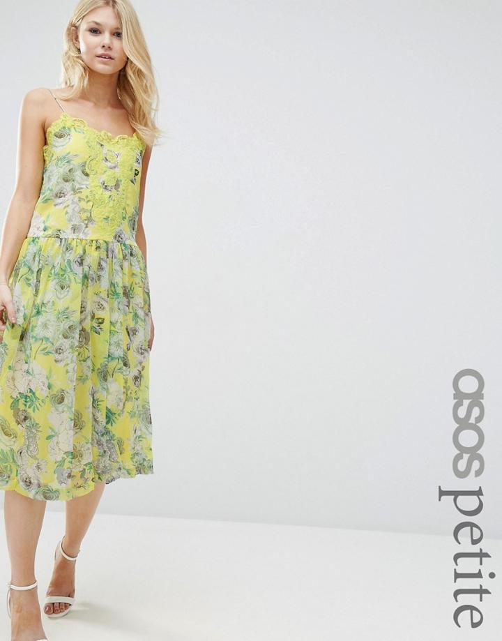 Asos Petite Premium Pretty Floral Cami Dress With Lace Insert - Yellow