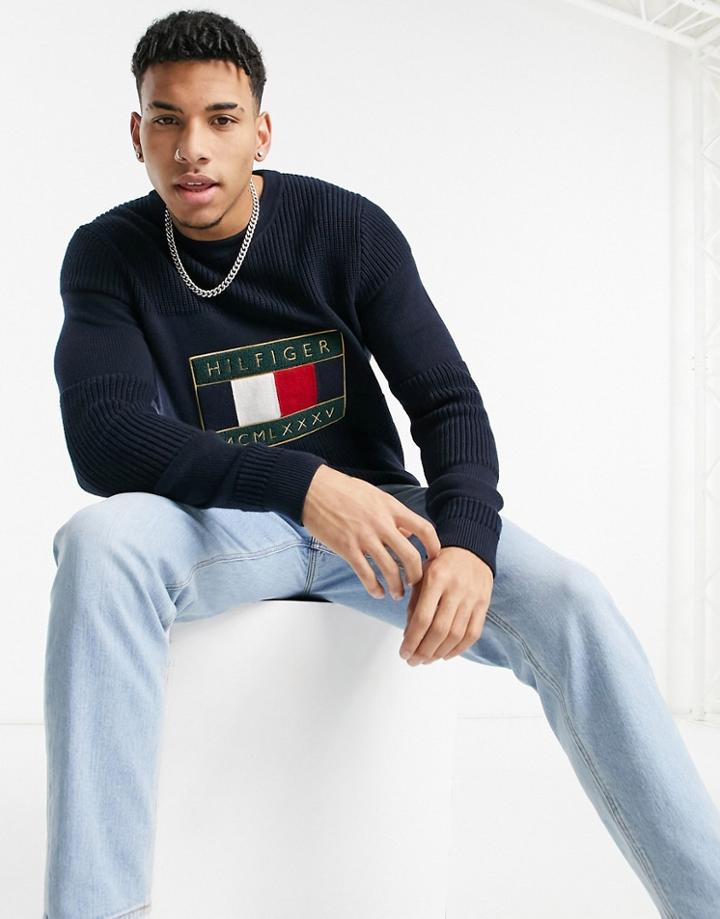 Tommy Hilfiger Iconic Logo Graphic Knit Sweater In Navy