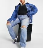 Asos Design Curve High Waist 'slouchy' Mom Jeans In Stonewash With Rips-blues