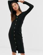 Only Ribbed Button Through Midi Dress In Black - Brown