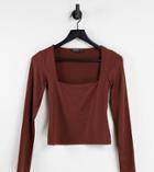 Stradivarius Square Neck Long Sleeve Jersey Top In Brown
