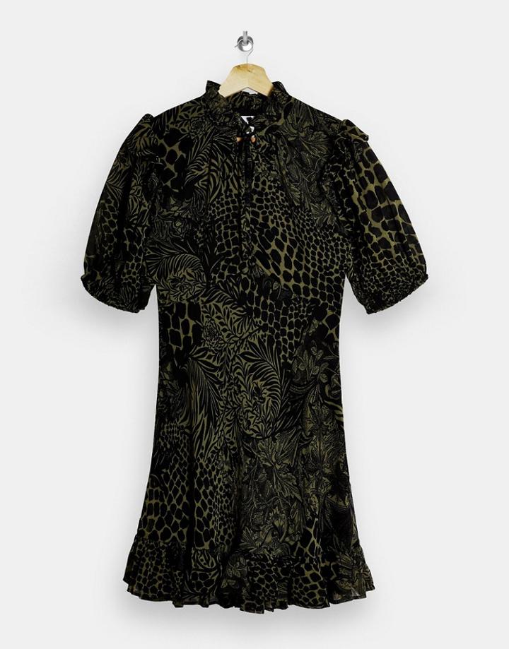 Topshop High Neck Mini Tea Dress In Green Animal Print