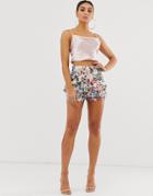 Missguided Satin Frill Shorts In Floral Print - Multi