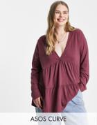 Asos Design Curve Ribbed Smock Top With Long Sleeve In Aubergine-purple