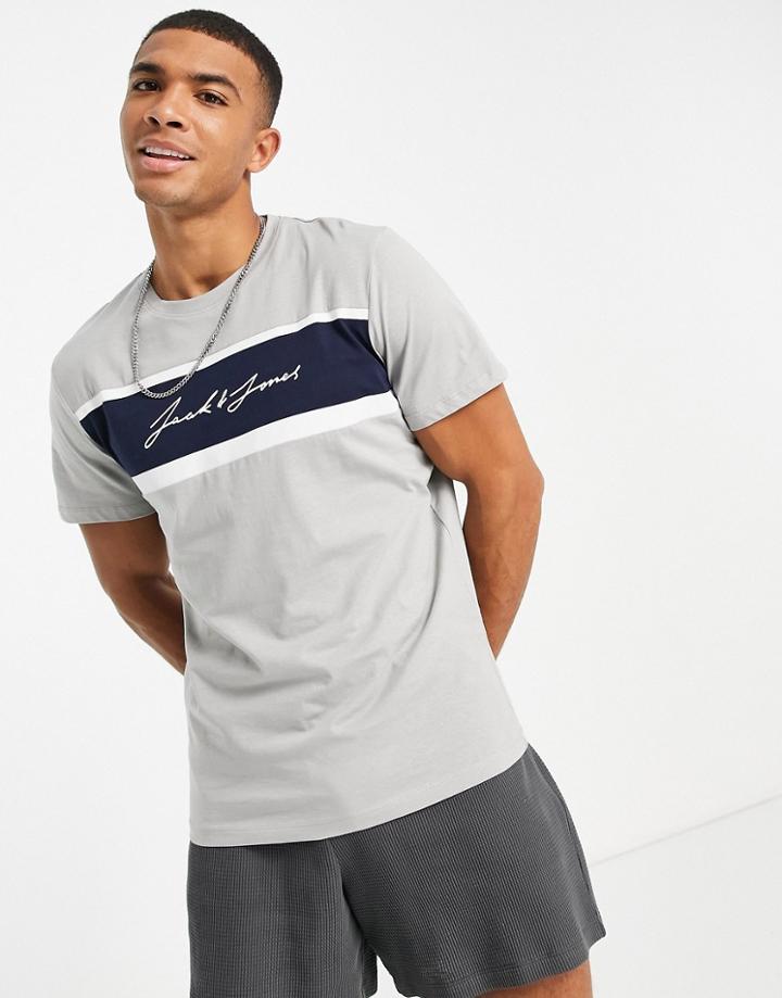 Jack & Jones Color Block Logo T-shirt In Gray-grey