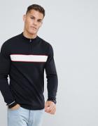 Selected Homme 1/4 Zip Knitted Sweater With Sport Stripe - Black