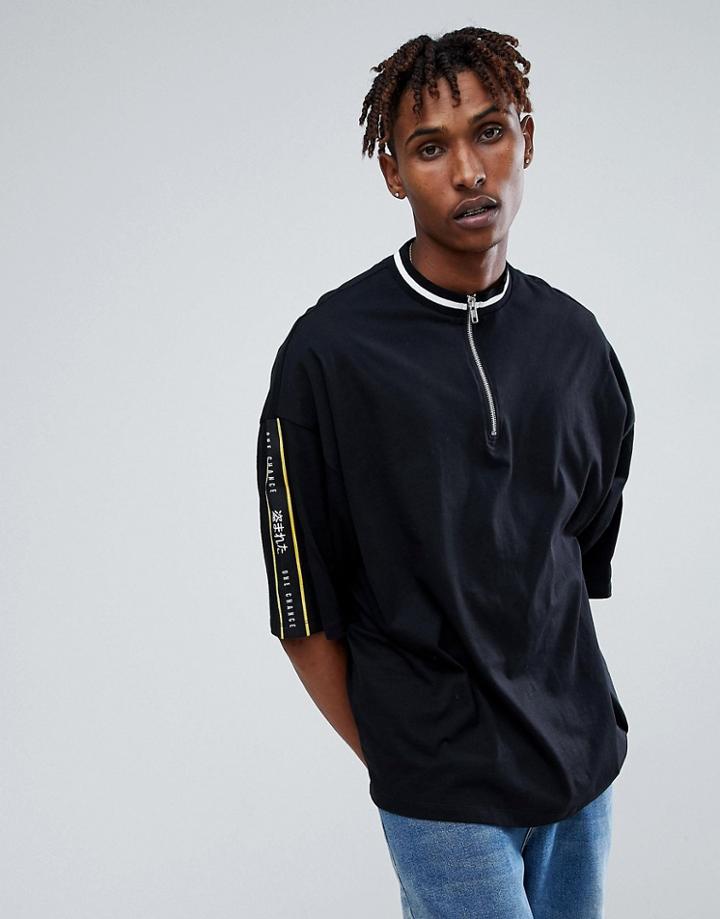 Asos Design Oversized T-shirt With Zip Neck And Printed Tape - Black