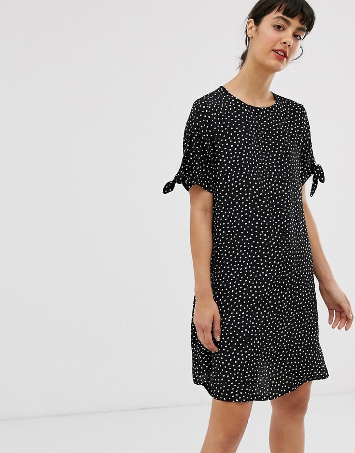 Monki Polka Dot T-shirt Dress With Tie Sleeve Detail In Black - Multi