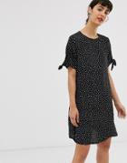 Monki Polka Dot T-shirt Dress With Tie Sleeve Detail In Black - Multi