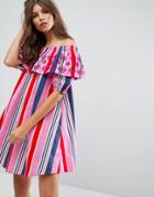Asos Stripe Off Shoulder Dress With Embroidered Ruffle - Multi