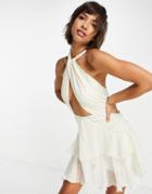 Asos Design Cross Over Halter Mini Dress In Fil Coupe With Ruffle Skirt In White