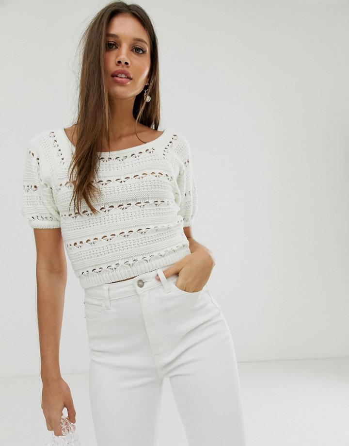 Asos Design Crochet Square Neck Puff Sleeve Top-cream