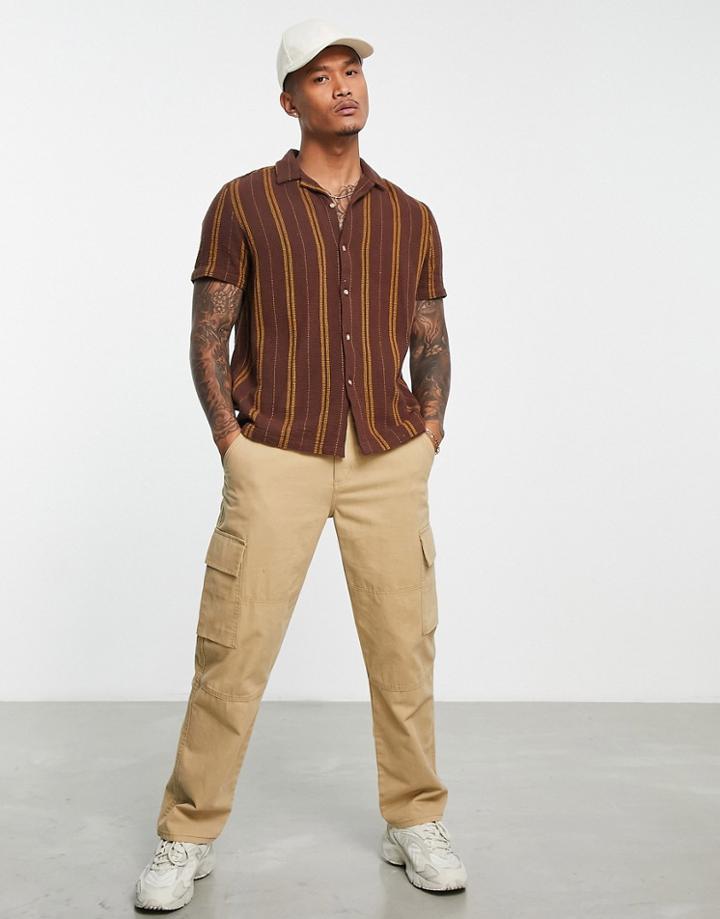 Asos Design Relaxed Camp Collar Textured Stripe Shirt In Brown