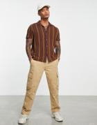 Asos Design Relaxed Camp Collar Textured Stripe Shirt In Brown