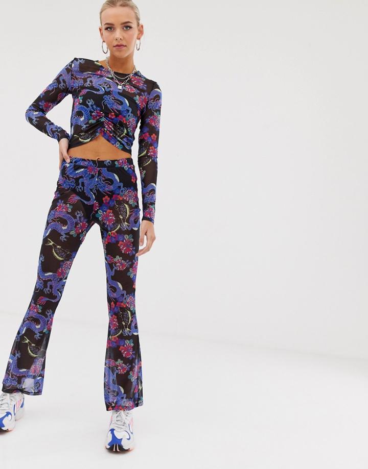 Asos Design Two-piece Flare Pants In Dragon Print Mesh-multi