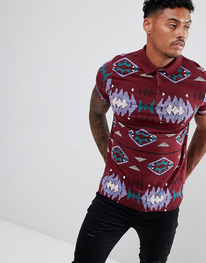 Asos Design Polo Shirt With All Over Geo-tribal Print - Red