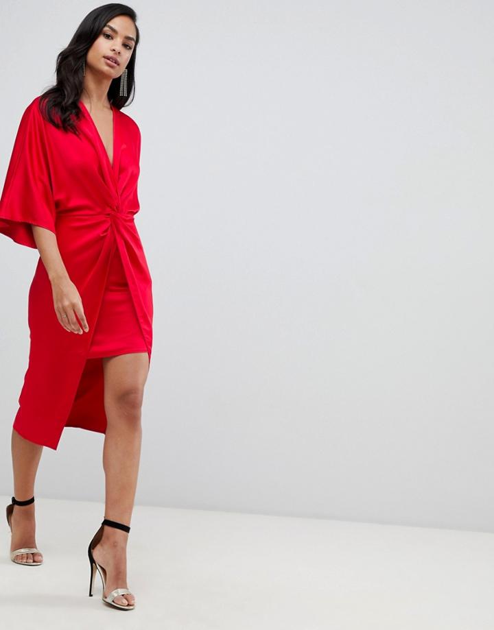 Asos Design Satin Knot Front Kimono Midi Dress-red