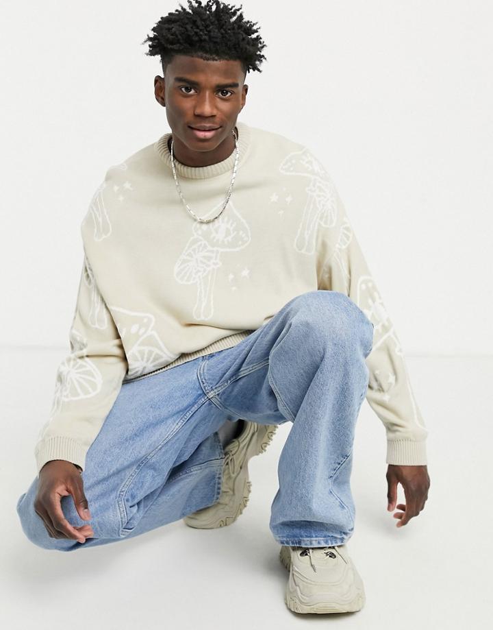Asos Design Oversized Knit Sweater With Mushroom Pattern In Beige-neutral