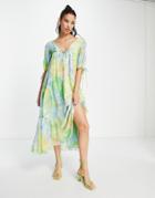Asos Design 70's Trapeze Maxi Dress In Green Floral Print-multi