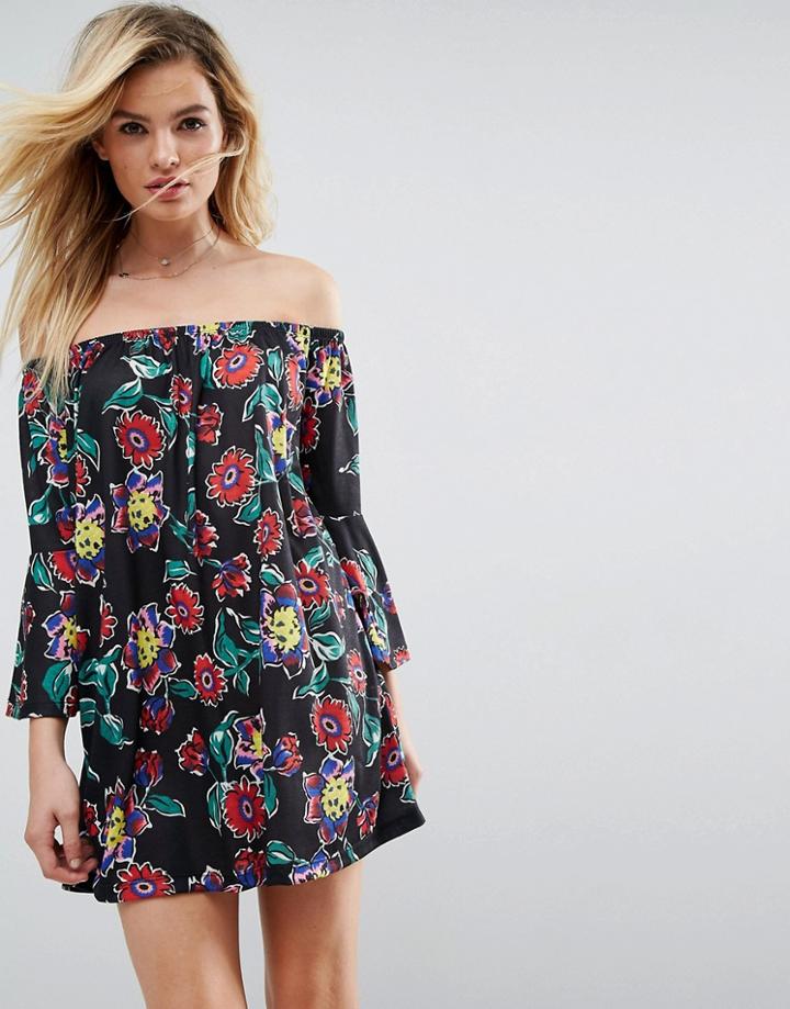 Asos Off Shoulder Mini Dress With Trumpet Sleeve In Black Floral Print - Multi