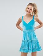 Asos Velvet Tiered Hem Mini Dress - Blue