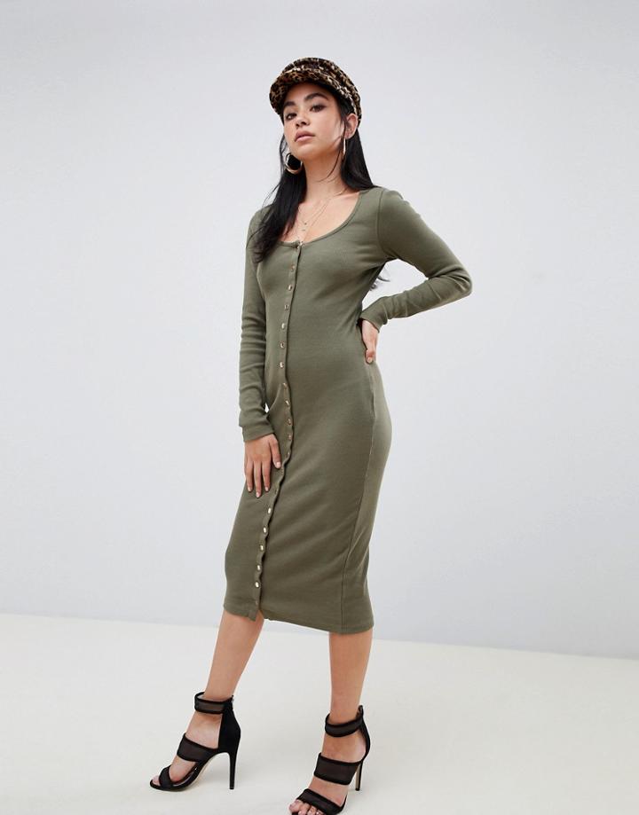 Missguided Ribbed Popper Detail Midi Dress In Khaki - White