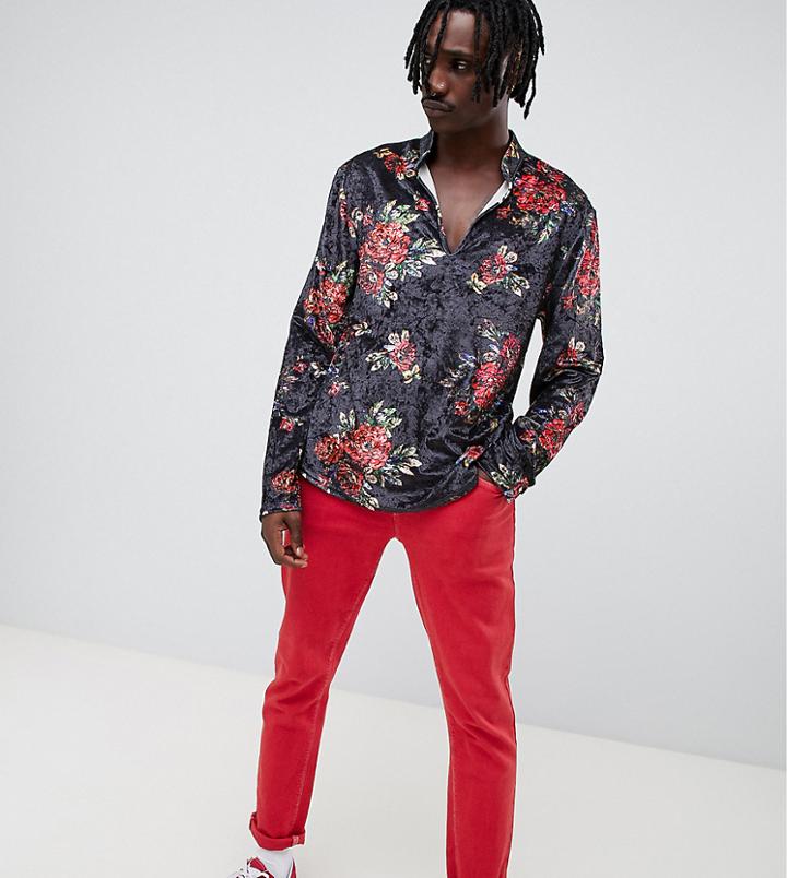 Reclaimed Vintage Inspired Floral Velvet V Neck Shirt - Multi