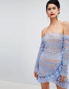 Missguided Frill Lace Bardot Dress - Blue