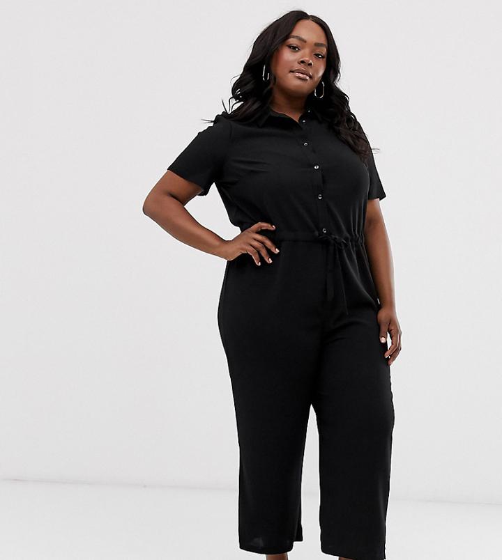 Asos Design Curve Shirt Jumpsuit With Tie Waist - Black