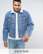 Asos Plus Denim Jacket With Fleece Collar In Mid Wash - Blue