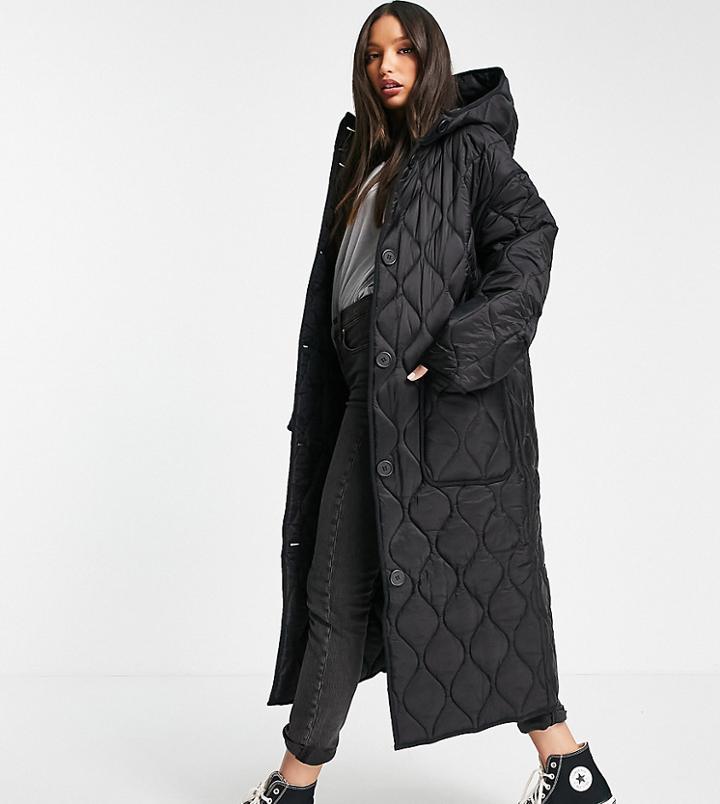 Asos Design Tall Quilted Longline Hooded Puffer Jacket In Black-blues