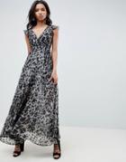 Religion Plunge Maxi Dress In Leopard - Gray