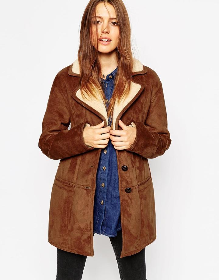 Asos Coat In Faux Shearling With Panel Detail - Tan