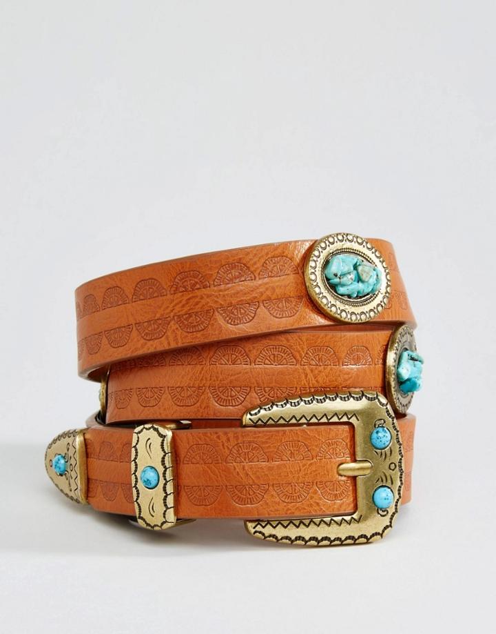 Mango Turq Detail Tan Belt - Tan