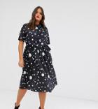 Asos Design Curve Midi Shirt Dress With Pleated Skirt And Belt In Polka Dot-multi