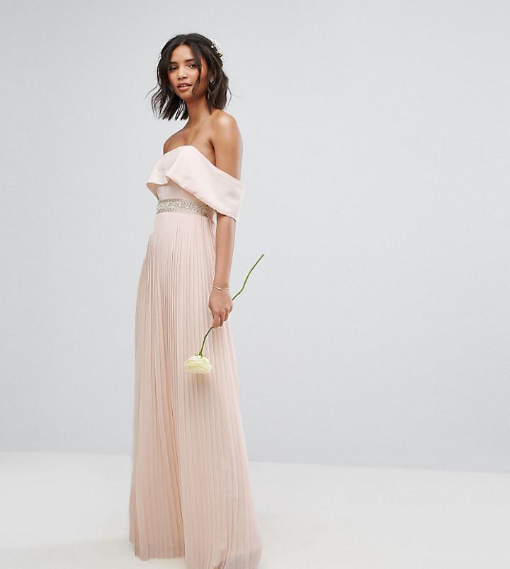 Tfnc Bardot Maxi Bridesmaid Dress With Pleated Skirt And Embellished Waist - Pink
