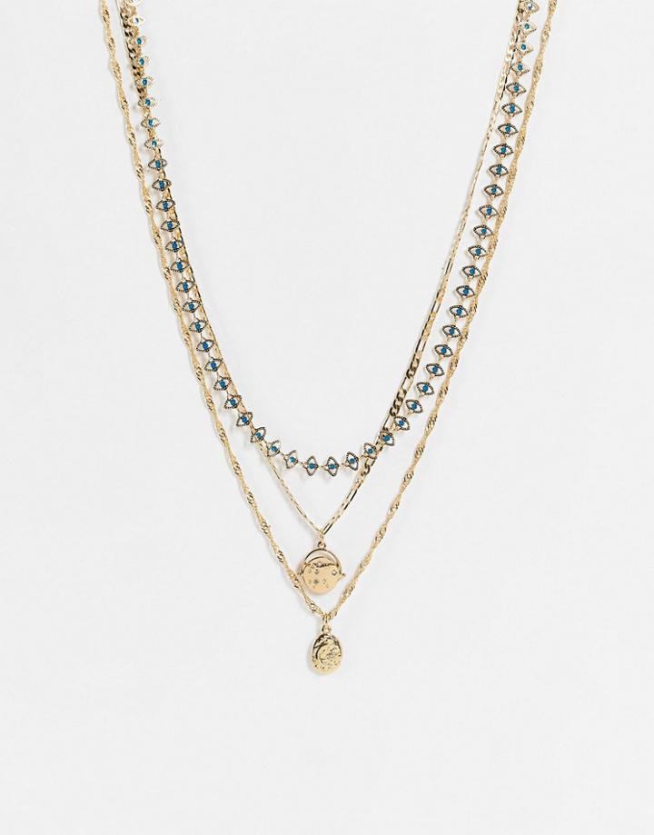Reclaimed Vintage Inspired 3-pack Necklaces With Cosmic Charms And Eye Chain In Gold