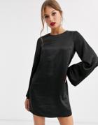 Asos Design Long Sleeve Satin Shift Mini Dress In Washed Satin-black