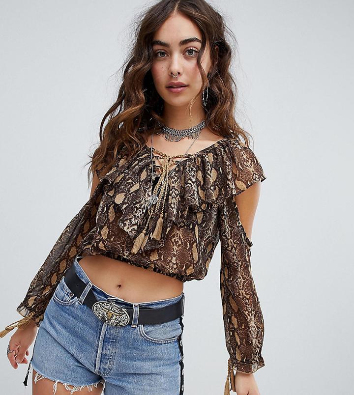 Sacred Hawk Cold Shoulder Top In Snake - Brown