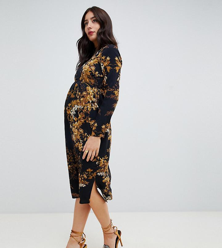 Hope & Ivy Maternity Long Sleeve Pencil Dress In Mirrored Floral Print - Multi