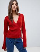 Asos Design Wrap Sweater In Rib With Buckle Detail-red