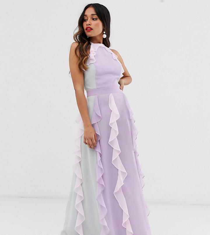 True Decadence Petite Delicate Halter Neck Maxi Dress With Waterfall Skirt In Tonal Pastel - Multi