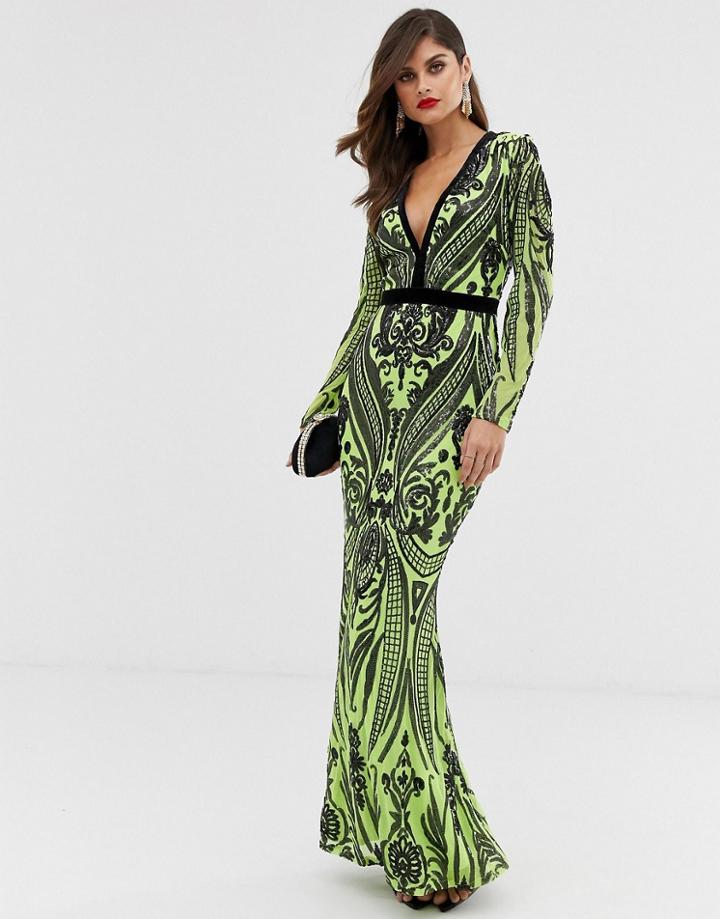 Goddiva Sequin Embellished Plunge Maxi Dress In Black And Green - Multi