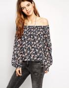 Asos Ditsy Floral Long Sleeve Off The Shoulder Top - Multi