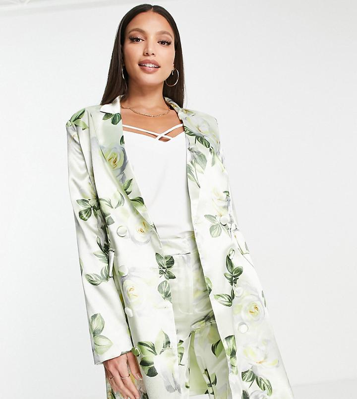 Liquorish Tall Bridal Satin Tailored Double Breasted Blazer In White Rose Print - Part Of A Set-multi